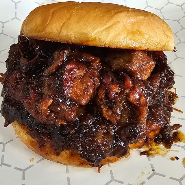 Saucy Chopped Brisket Sandwich.